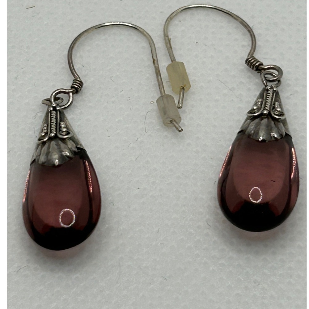 Vtg Purple Teardrop Glass Dangle Earrings 925‎ Sterling Silver Drop Garnet look